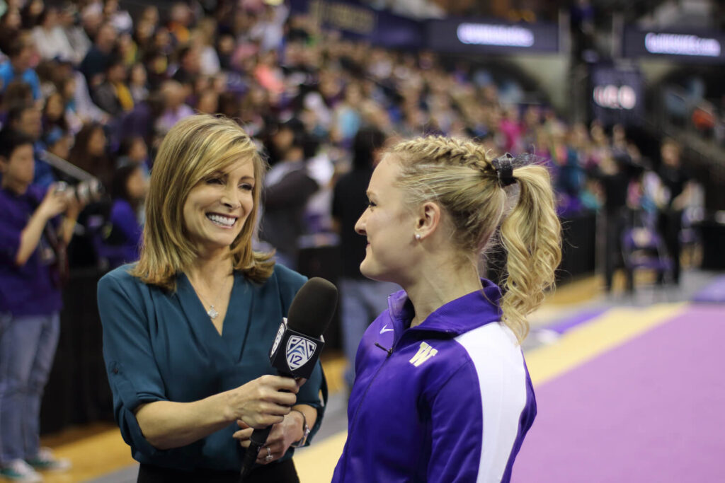 Kaitlyn Duranczyk (Washington) and Shannon Miller (Pac-12 Networks)