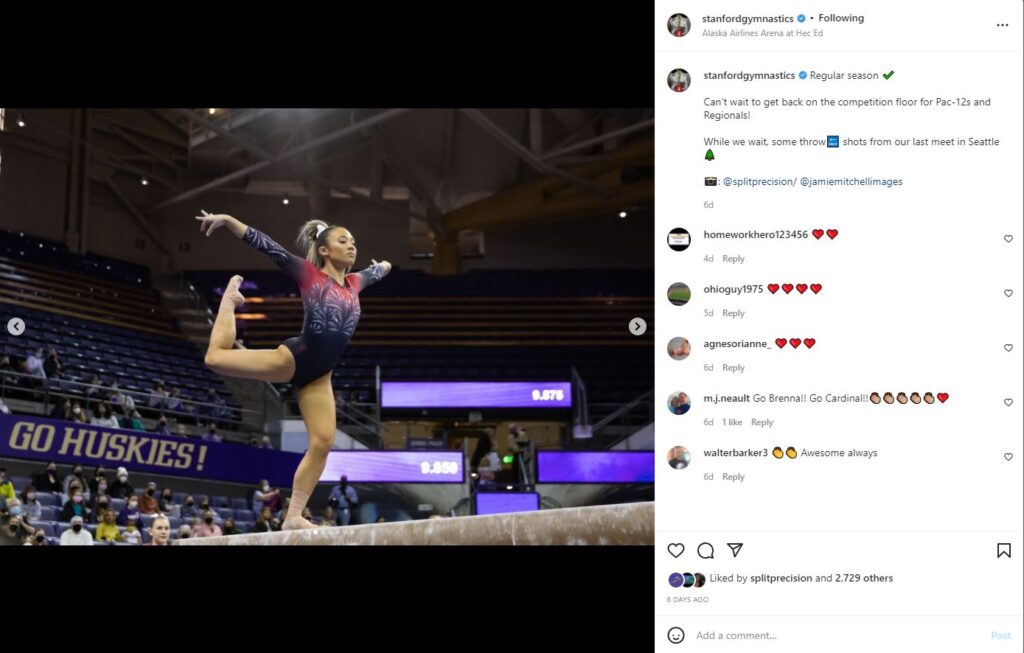 Stanford Women's Gymnastics instagram post featuring a photo of Lauren Navarro