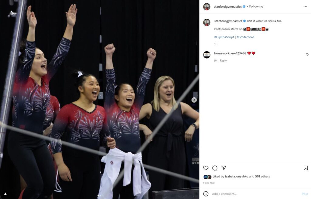 Stanford Women's Gymnastics instagram post featuring a photo of Brenna Neault